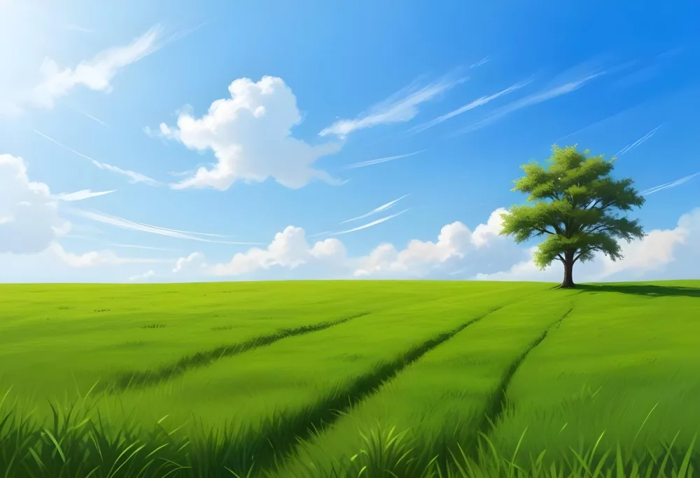 A Green Grass Field With A Tree On The Right Side Blue Sky With Some Clouds In A Sunny Day 56 B9f9