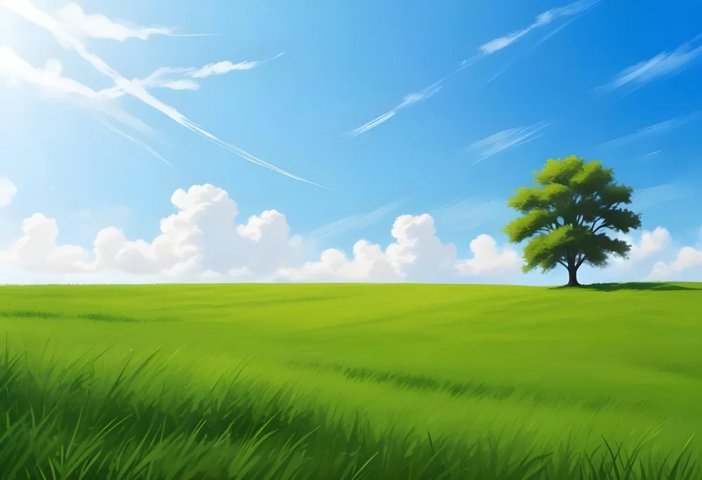 A Green Grass Field With A Tree On The Right Side Blue Sky With Some Clouds In A Sunny Day 57 6ce4