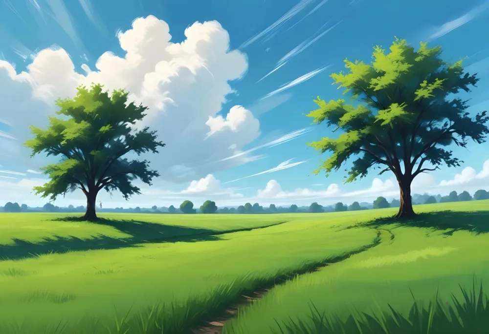 A Green Grass Field With A Tree On The Right Side Blue Sky With Some Clouds In A Sunny Day 7 437e