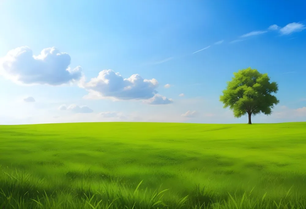 A Green Grass Field With A Tree On The Right Side Blue Sky With Some Clouds In A Sunny Day 8 83df