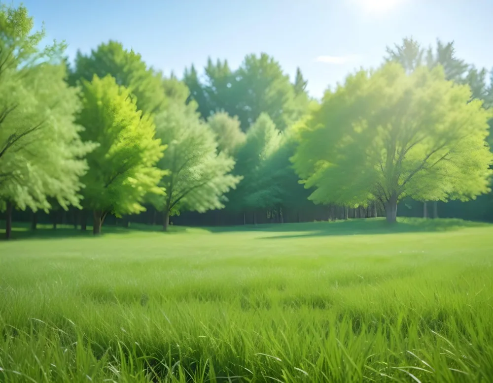 A Green Grass Field With Trees In The Background Sunny Day Blue Sky Vibrant Colors Natural Light Peaceful Atmosphere Lush Greenery Clear Horizon 5 13b4