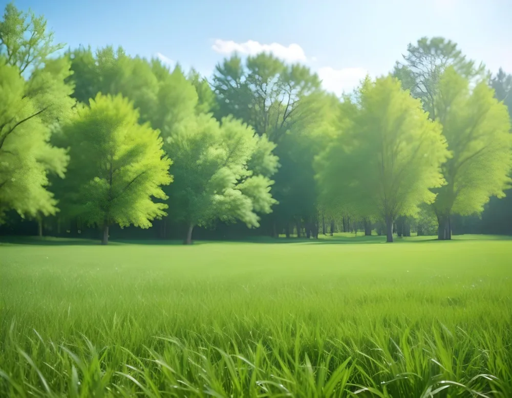 A Green Grass Field With Trees In The Background Sunny Day Blue Sky Vibrant Colors Natural Light Peaceful Atmosphere Lush Greenery Clear Horizon 7 D0b6