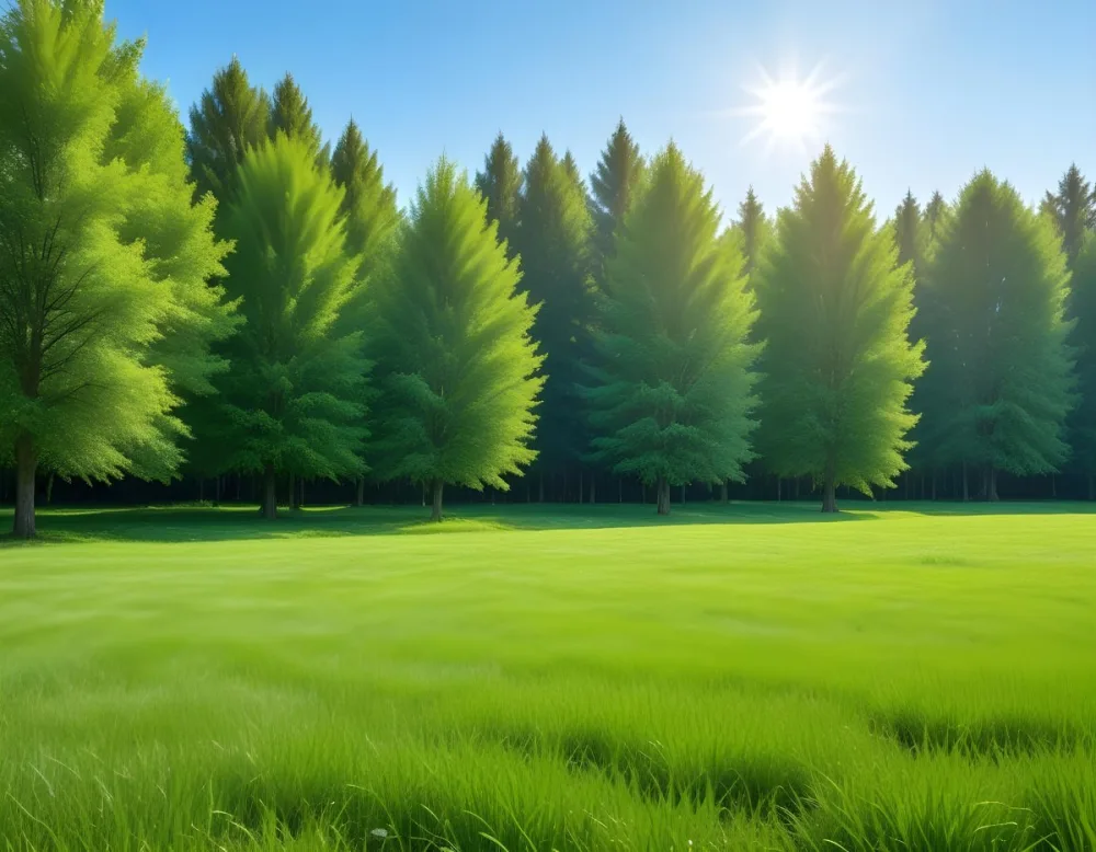 A Green Grass Field With Trees In The Background Sunny Day Blue Sky Vibrant Colors Natural Light Peaceful Atmosphere Lush Greenery Clear Horizon 8 876f