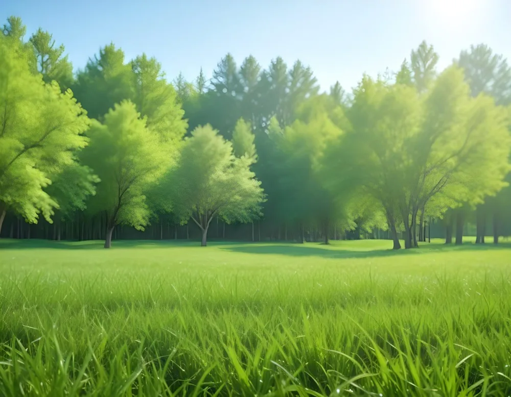 A Green Grass Field With Trees In The Background Sunny Day Blue Sky Vibrant Colors Natural Light Peaceful Atmosphere Lush Greenery Clear Horizon 9 3388