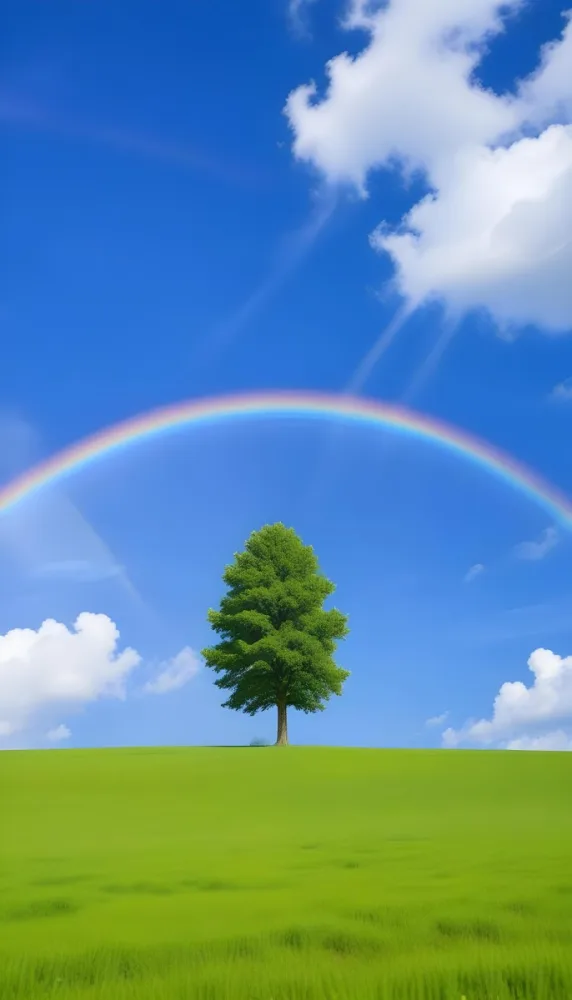 A Green Tree On A Green Field With A Rainbow In The Sky Blue Sky With Some Clouds In The Background 14 3553