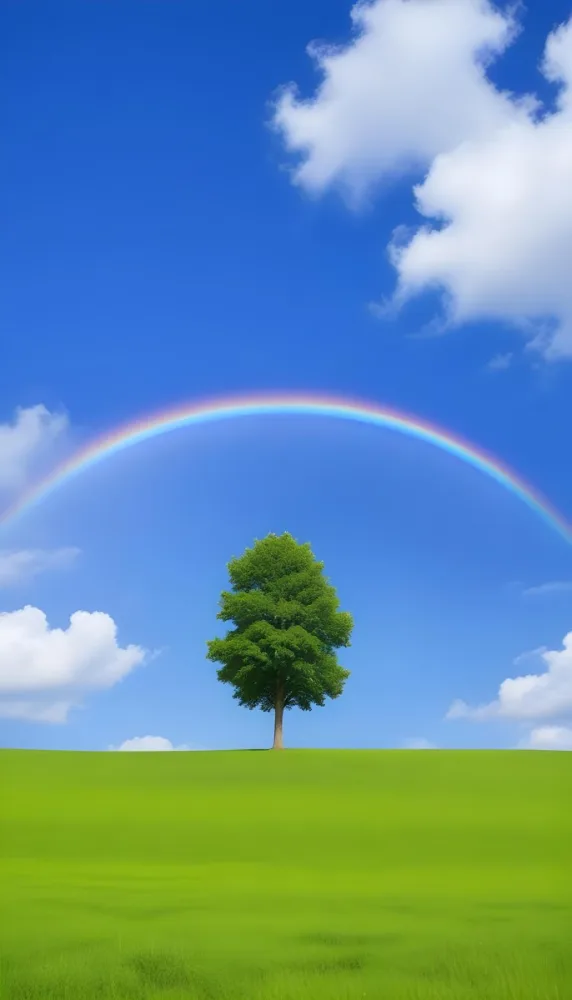 A Green Tree On A Green Field With A Rainbow In The Sky Blue Sky With Some Clouds In The Background 15 2f7e