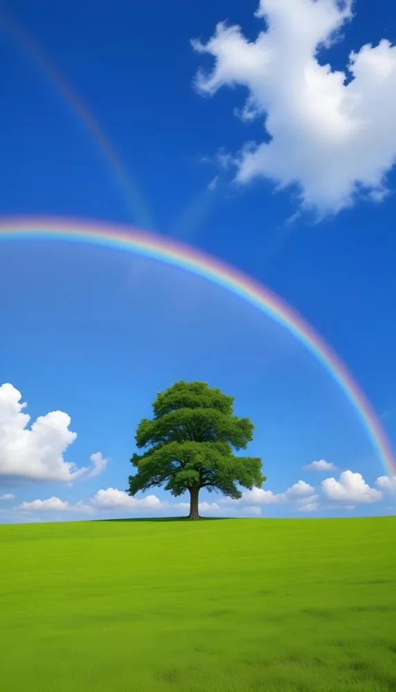 A Green Tree On A Green Field With A Rainbow In The Sky Blue Sky With Some Clouds In The Background 18 Cf61