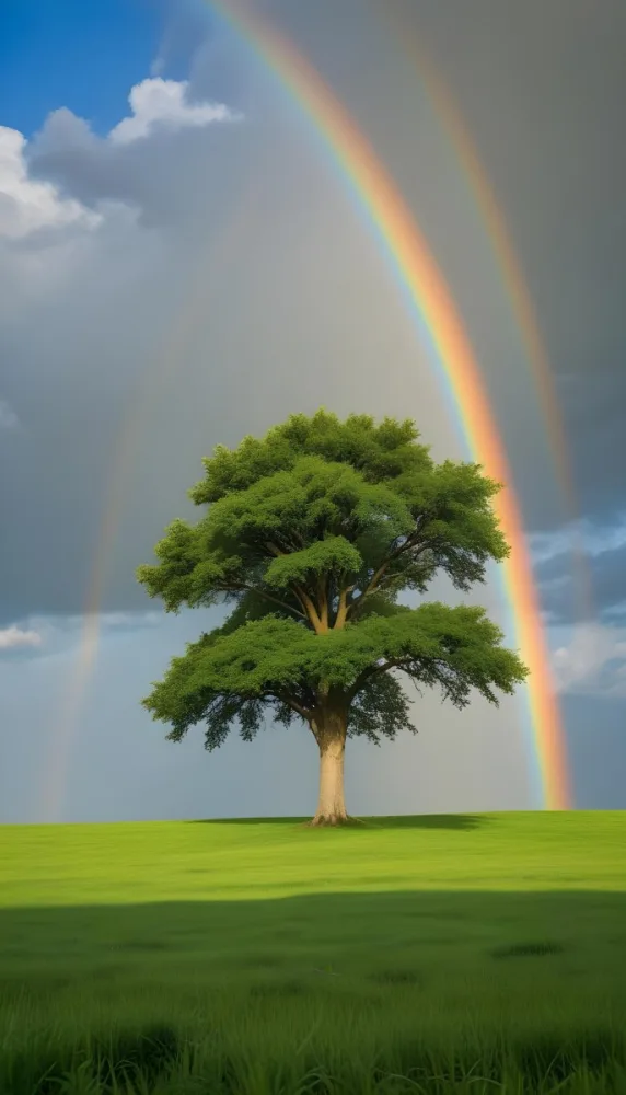 A Green Tree On A Green Field With A Rainbow In The Sky Blue Sky With Some Clouds In The Background 20 99ac
