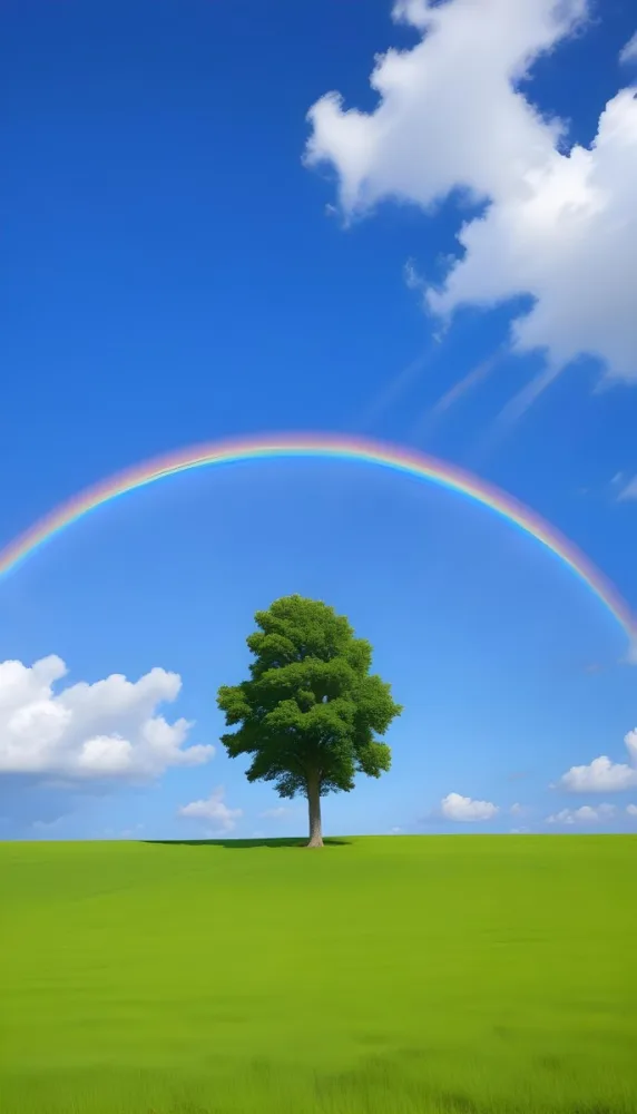 A Green Tree On A Green Field With A Rainbow In The Sky Blue Sky With Some Clouds In The Background 21 65f3