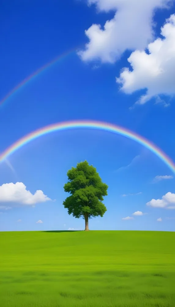 A Green Tree On A Green Field With A Rainbow In The Sky Blue Sky With Some Clouds In The Background 22 Dc1e