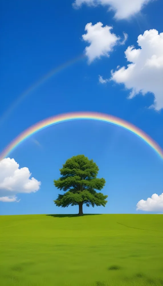 A Green Tree On A Green Field With A Rainbow In The Sky Blue Sky With Some Clouds In The Background 24 1f33