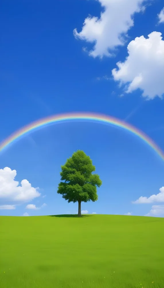 A Green Tree On A Green Field With A Rainbow In The Sky Blue Sky With Some Clouds In The Background 25 6707