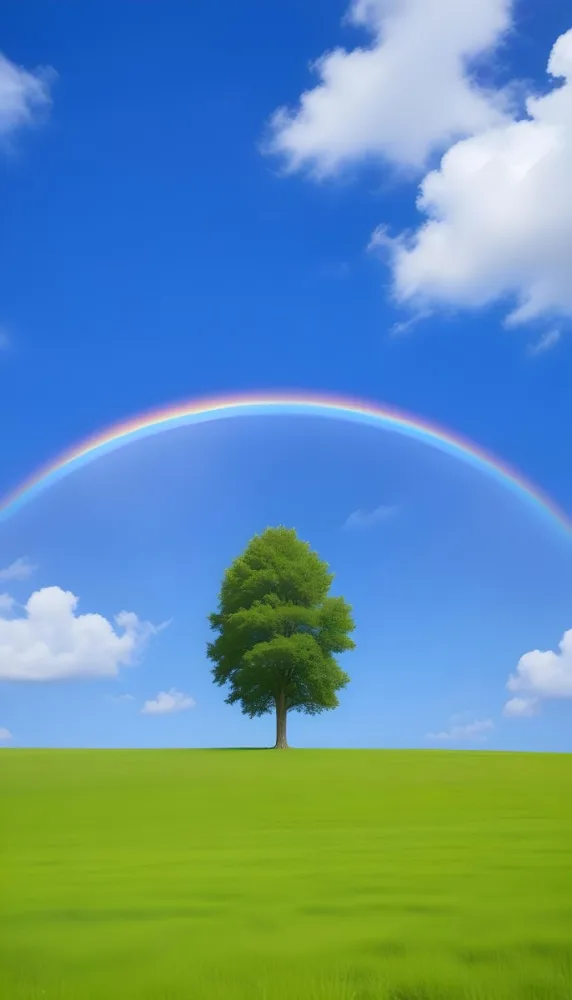 A Green Tree On A Green Field With A Rainbow In The Sky Blue Sky With Some Clouds In The Background 3 D98d