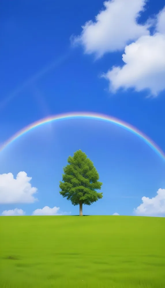 A Green Tree On A Green Field With A Rainbow In The Sky Blue Sky With Some Clouds In The Background 5 E00f