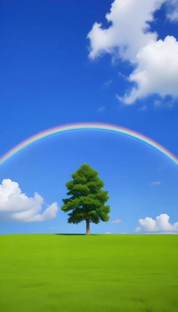 A Green Tree On A Green Field With A Rainbow In The Sky Blue Sky With Some Clouds In The Background 6 9693