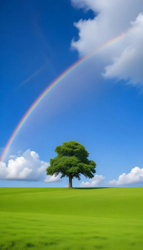 A Green Tree On A Green Field With A Rainbow In The Sky Blue Sky With Some Clouds In The Background 8 5a69