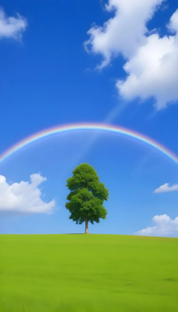 A Green Tree On A Green Field With A Rainbow In The Sky Blue Sky With Some Clouds In The Background 9 C142