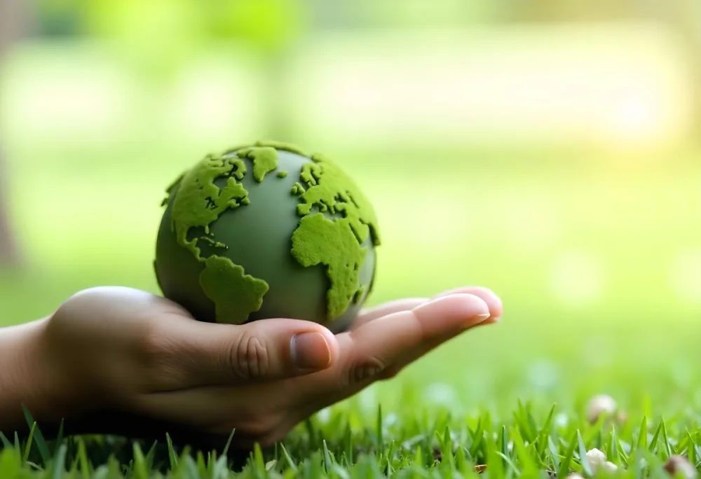 A Hand Holding A Green Earth Globe With Grass Texture In A Green Grass Background 9 3474