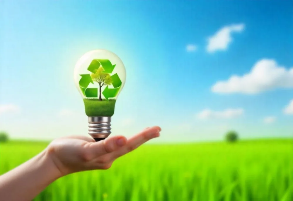 A Hand Holding A Light Bulb With A Green Recycle Symbol And A Tree Inside In A Green Field With A Blue Sky And White Clouds 96 D402