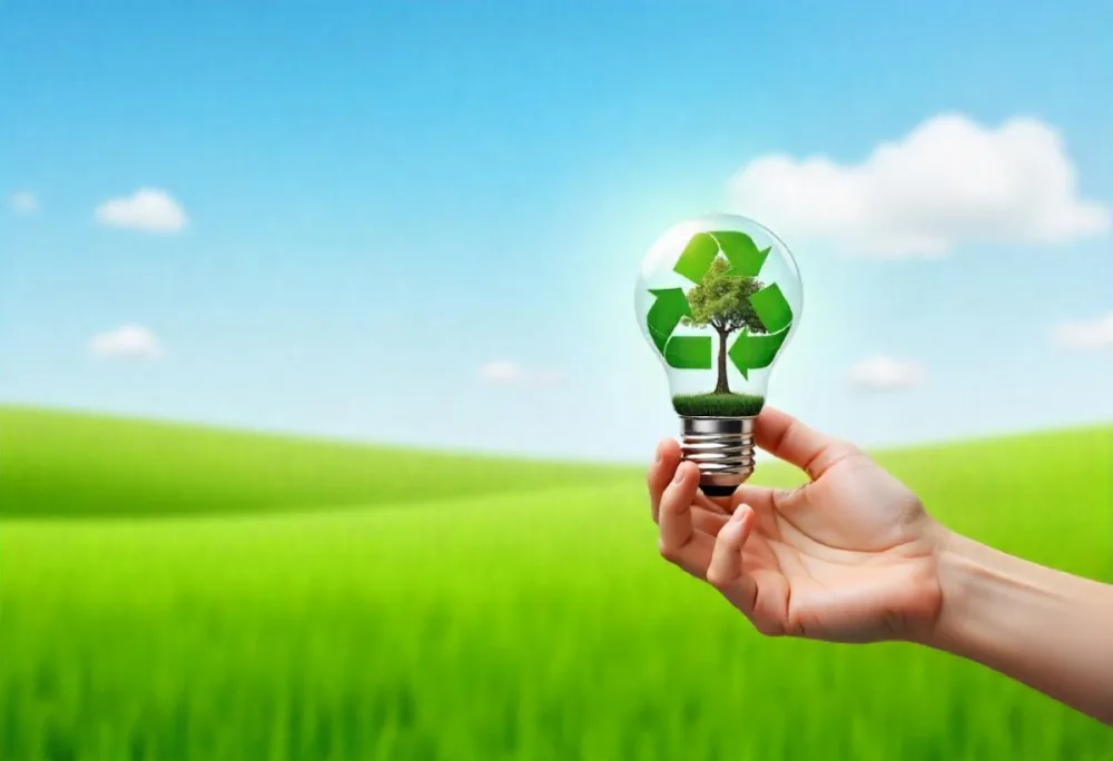 A Hand Holding A Light Bulb With A Green Recycle Symbol And A Tree Inside In A Green Field With A Blue Sky And White Clouds 98 68b6