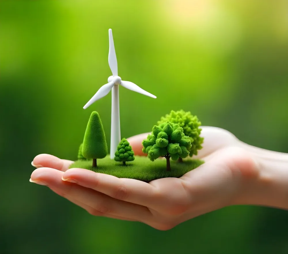 A Hand Holding A Miniature Wind Farm With Green Trees The Background Is Blurred And Green 11 Aab7