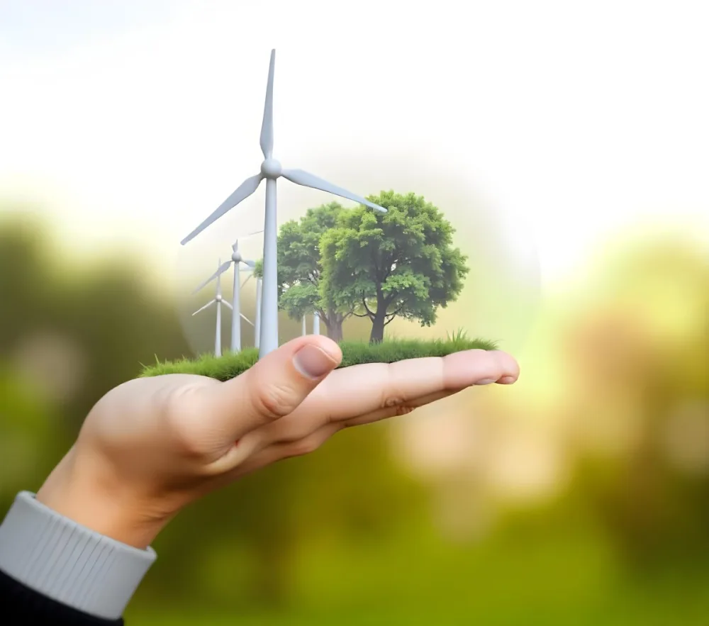 A Hand Holding A Miniature Wind Farm With Green Trees The Background Is Blurred And Green 13 9ad6