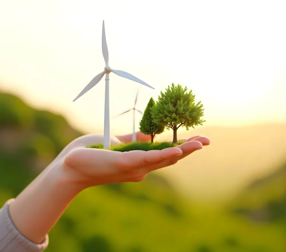 A Hand Holding A Miniature Wind Farm With Green Trees The Background Is Blurred And Green 20 B4d8