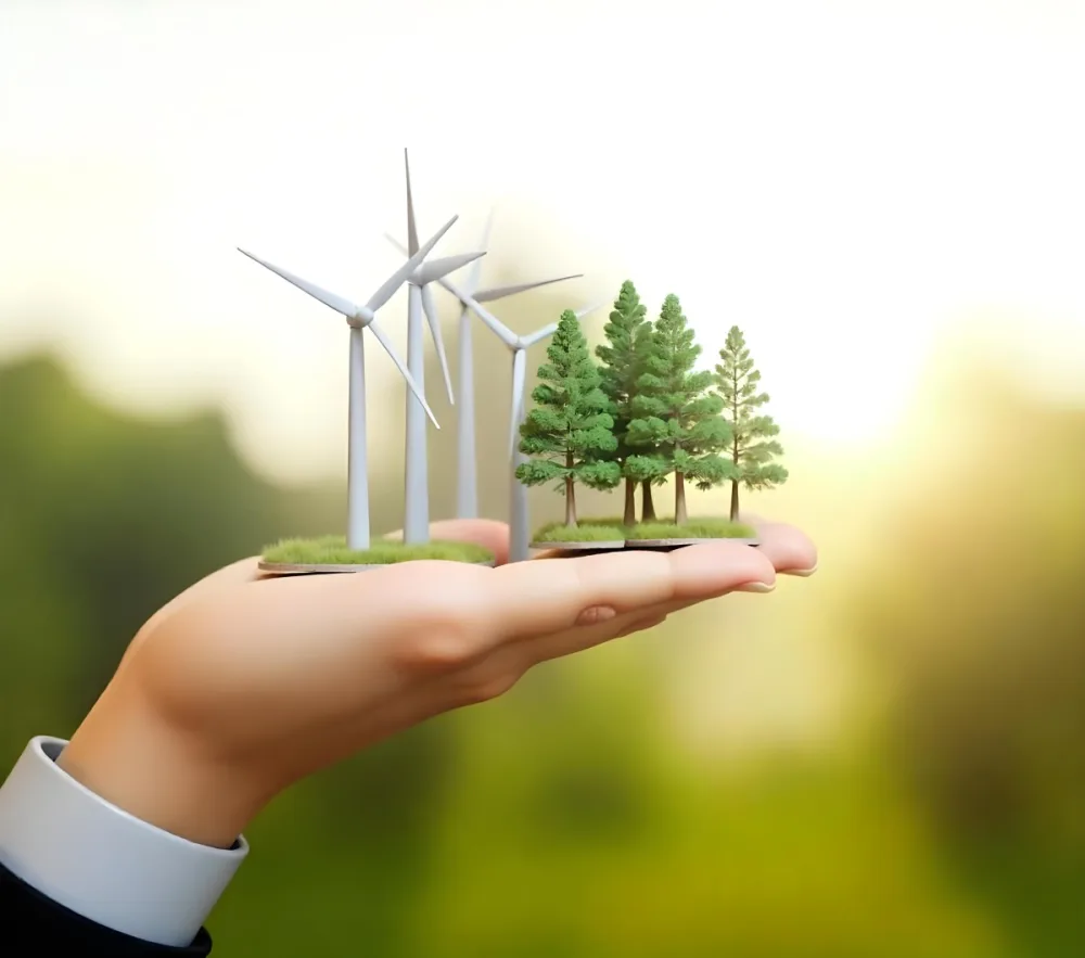 A Hand Holding A Miniature Wind Farm With Green Trees The Background Is Blurred And Green 22 827e
