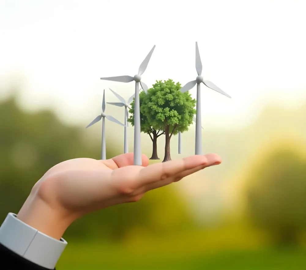 A Hand Holding A Miniature Wind Farm With Green Trees The Background Is Blurred And Green 31 5e57