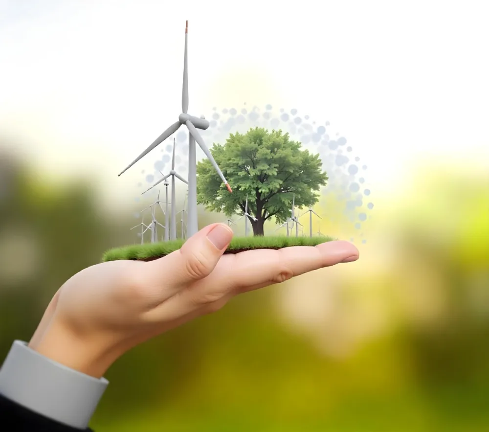 A Hand Holding A Miniature Wind Farm With Green Trees The Background Is Blurred And Green 32 0658