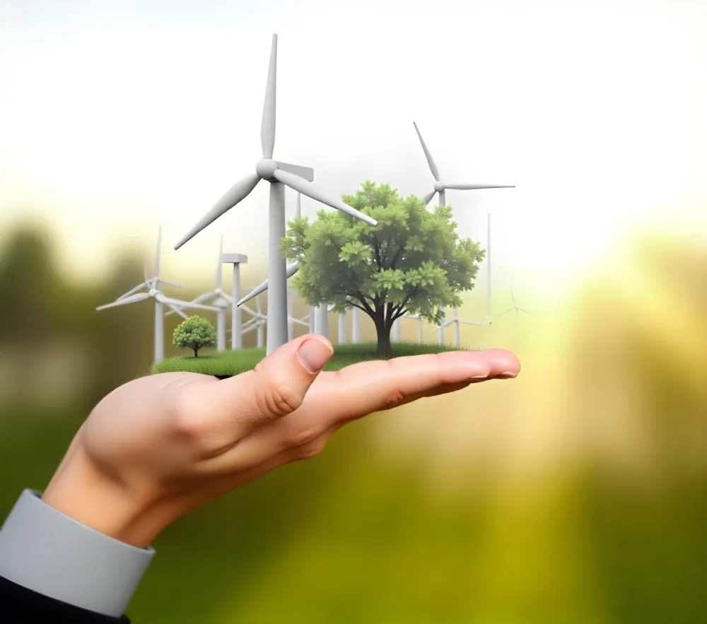 A Hand Holding A Miniature Wind Farm With Green Trees The Background Is Blurred And Green 33 71cf