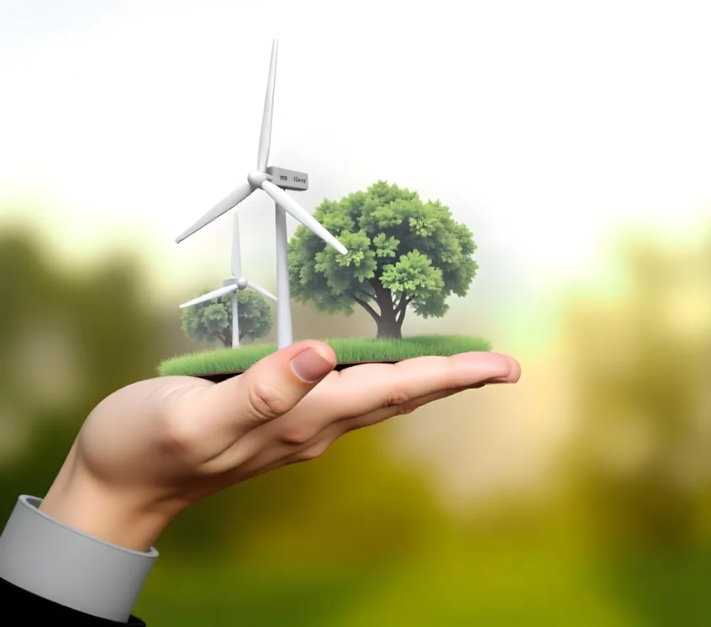 A Hand Holding A Miniature Wind Farm With Green Trees The Background Is Blurred And Green 34 29d6