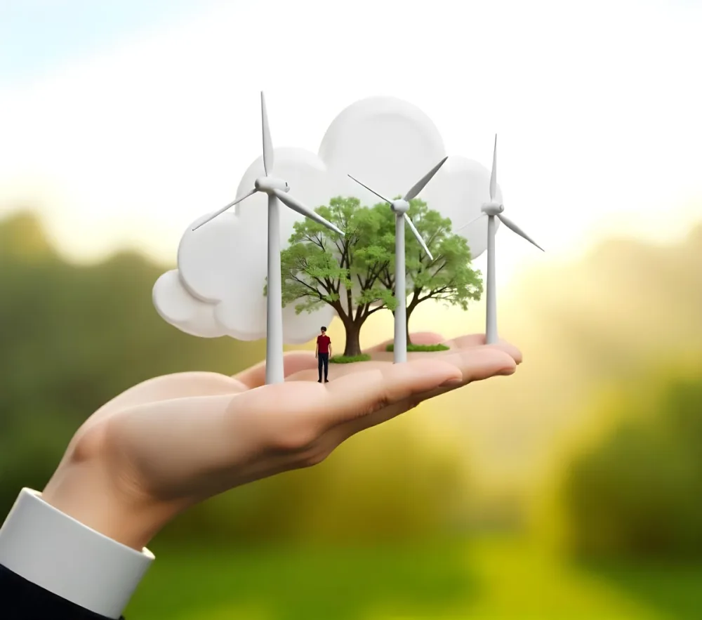 A Hand Holding A Miniature Wind Farm With Green Trees The Background Is Blurred And Green 35 689b