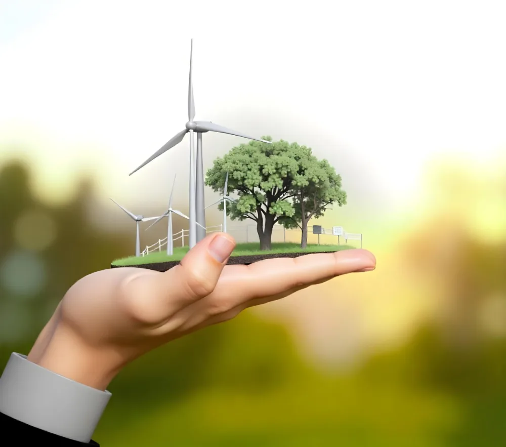 A Hand Holding A Miniature Wind Farm With Green Trees The Background Is Blurred And Green 37 9c93
