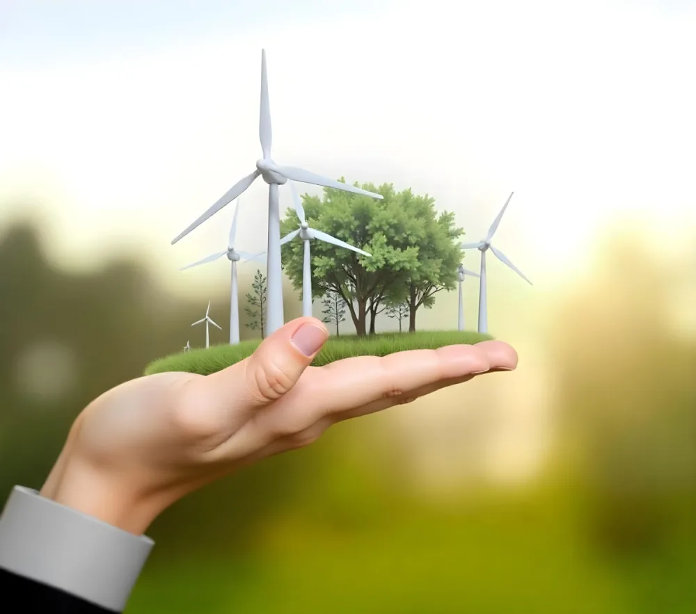 A Hand Holding A Miniature Wind Farm With Green Trees The Background Is Blurred And Green 38 F485