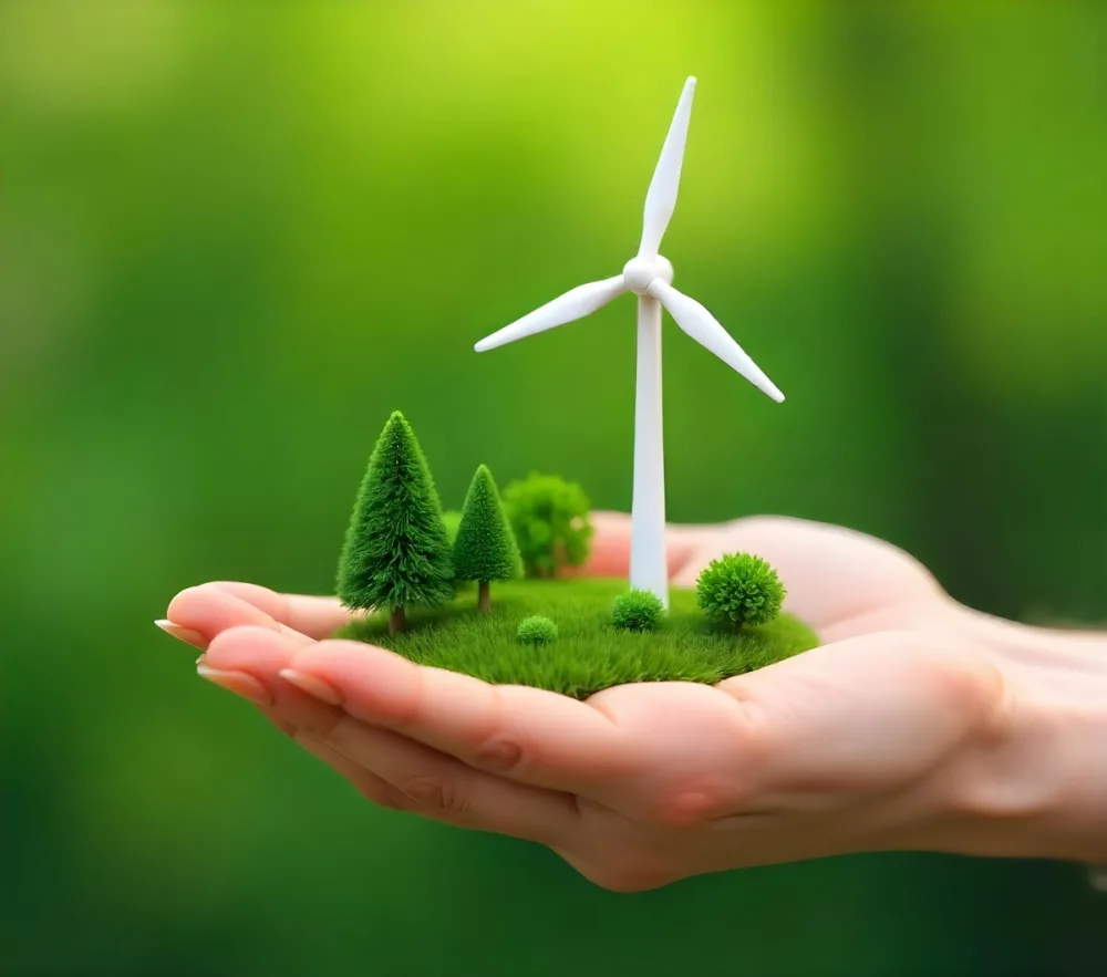 A Hand Holding A Miniature Wind Farm With Green Trees The Background Is Blurred And Green 4 1a48
