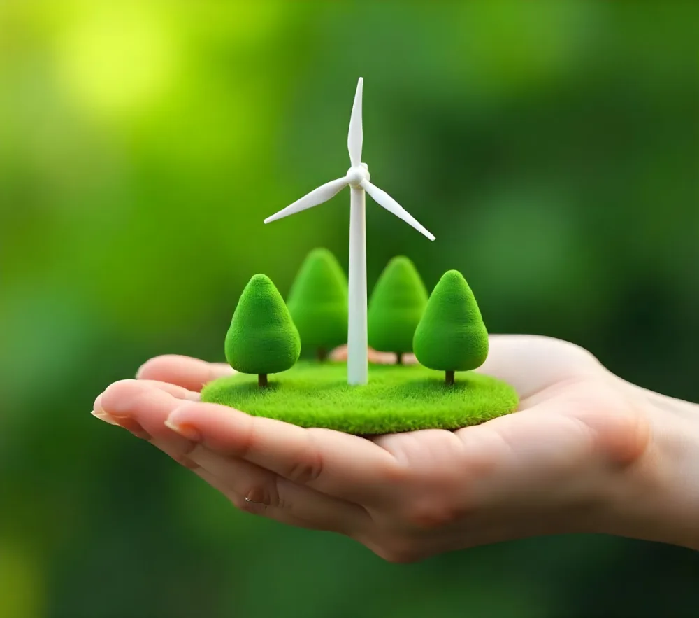 A Hand Holding A Miniature Wind Farm With Green Trees The Background Is Blurred And Green 5 8d0e
