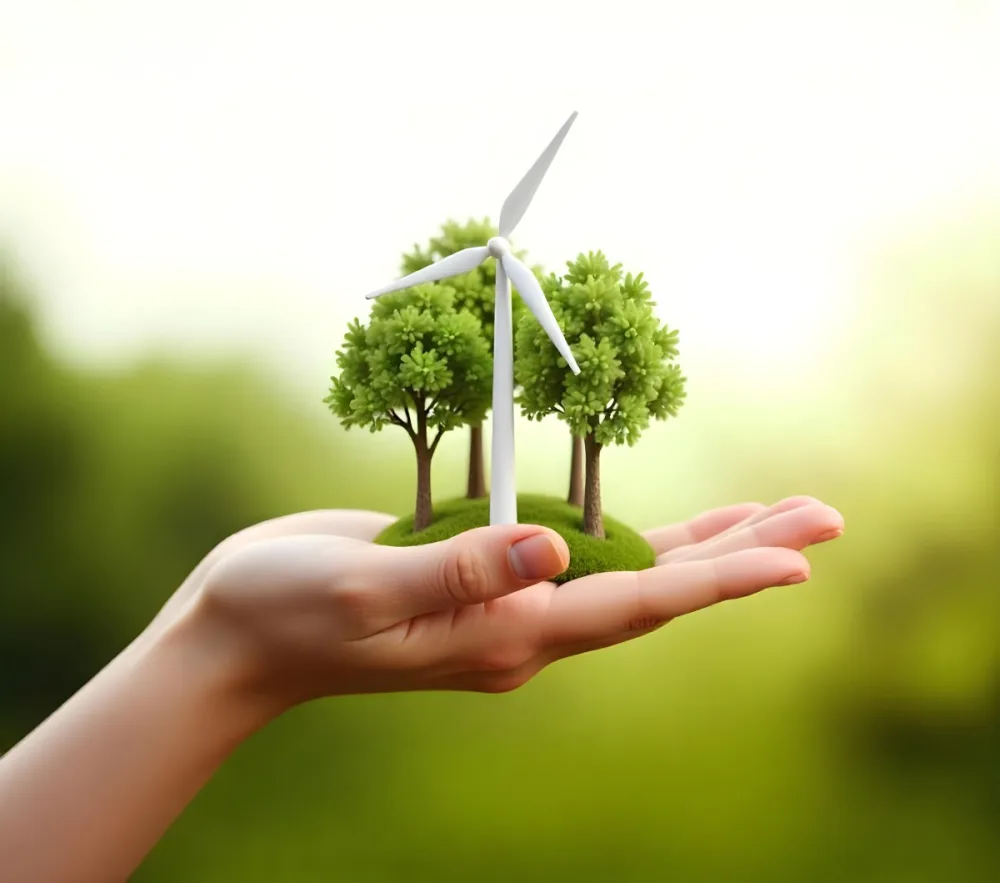 A Hand Holding A Miniature Wind Farm With Green Trees The Background Is Blurred And Green 6 5aab