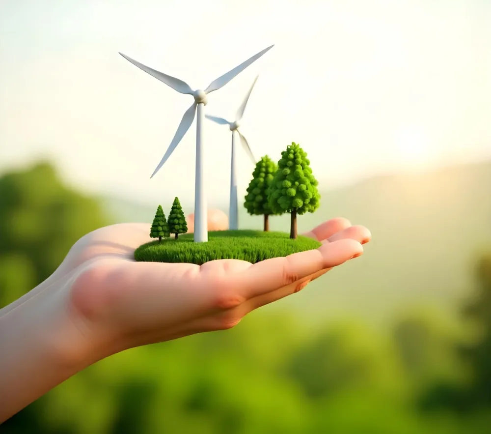 A Hand Holding A Miniature Wind Farm With Green Trees The Background Is Blurred And Green 9 D4e0