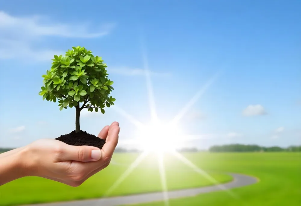 A Hand Holding A Small Tree With Green Leaves And Brown Soil With A Blurred Background Of A Road And A Blue Sky 6 6c3f