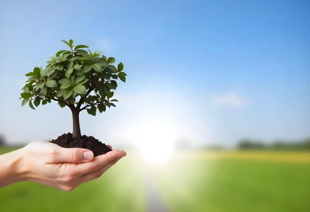 A Hand Holding A Small Tree With Green Leaves And Brown Soil With A Blurred Background Of A Road And A Blue Sky 8 8d0f