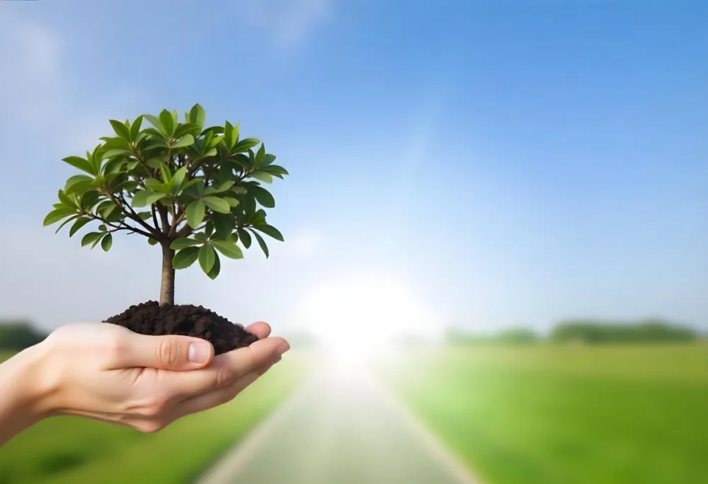 A Hand Holding A Small Tree With Green Leaves And Brown Soil With A Blurred Background Of A Road And A Blue Sky 9 9489