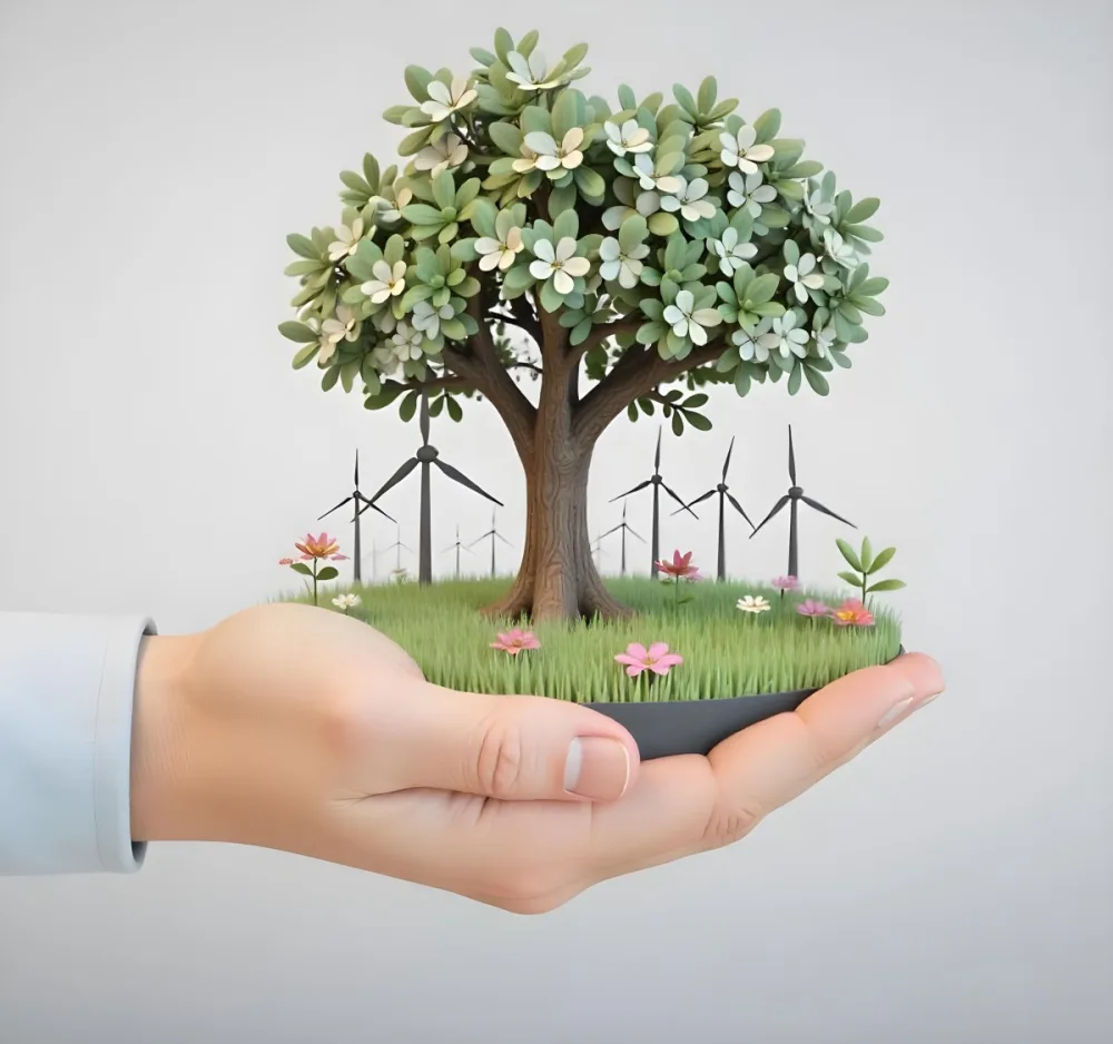 A Hand Holding A Tree With Flowers As Leaves Grass Flowers And Wind Turbines In The Background Concept Of Green Energy 23 1f25