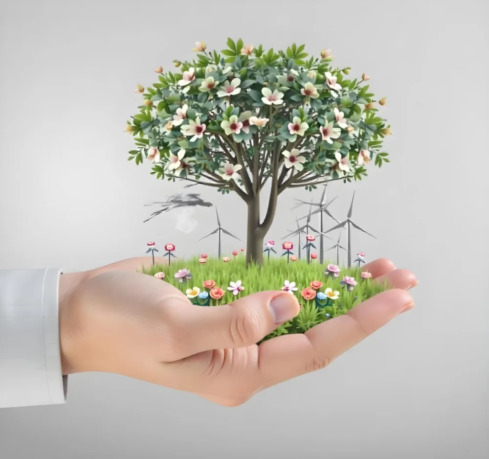 A Hand Holding A Tree With Flowers As Leaves Grass Flowers And Wind Turbines In The Background Concept Of Green Energy 51 Fb4c