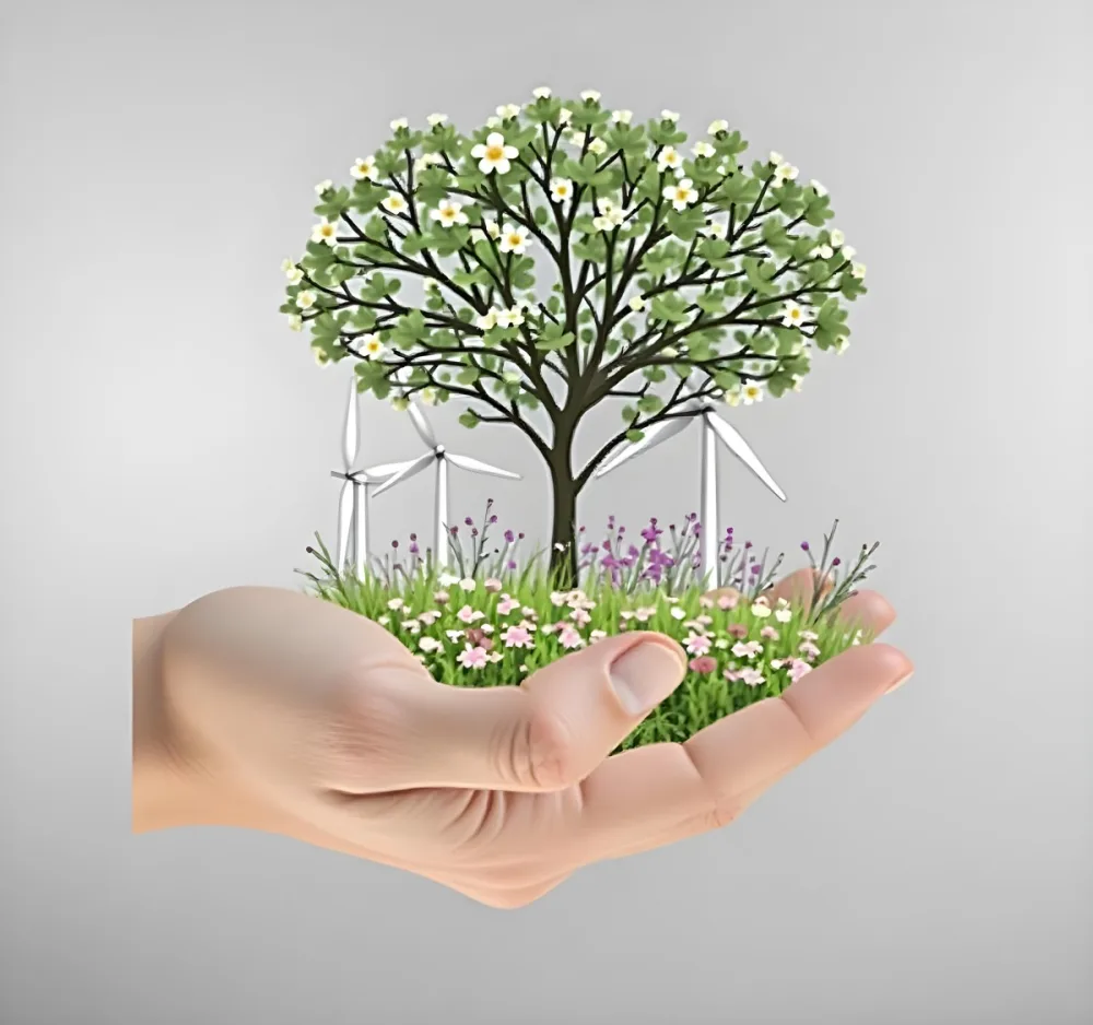 A Hand Holding A Tree With Flowers As Leaves Grass Flowers And Wind Turbines In The Background Concept Of Green Energy 55 B82c