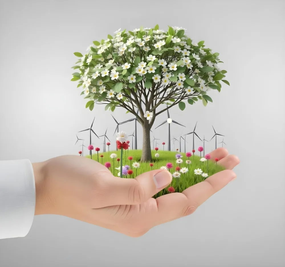 A Hand Holding A Tree With Flowers As Leaves Grass Flowers And Wind Turbines In The Background Concept Of Green Energy 58 4b49