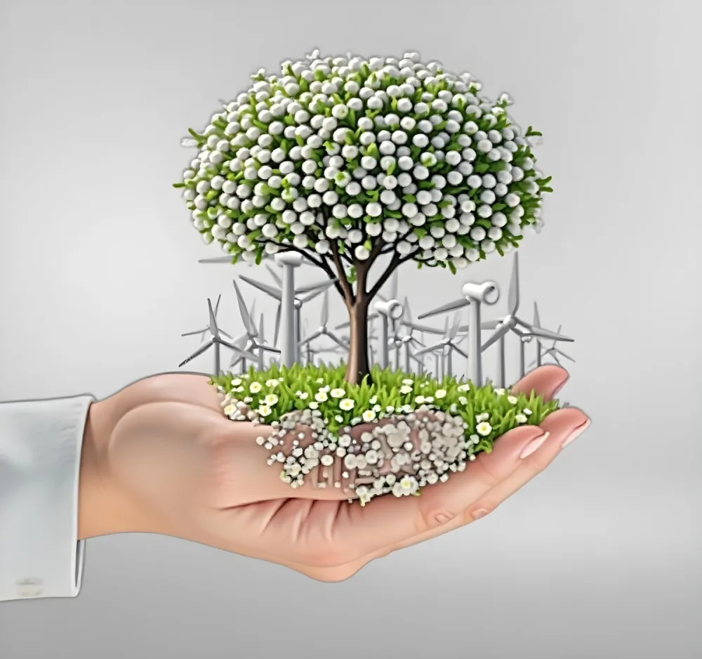 A Hand Holding A Tree With Flowers As Leaves Grass Flowers And Wind Turbines In The Background Concept Of Green Energy 63 9221