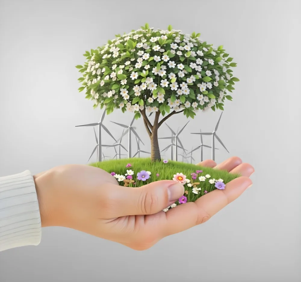 A Hand Holding A Tree With Flowers As Leaves Grass Flowers And Wind Turbines In The Background Concept Of Green Energy 64 Fcac