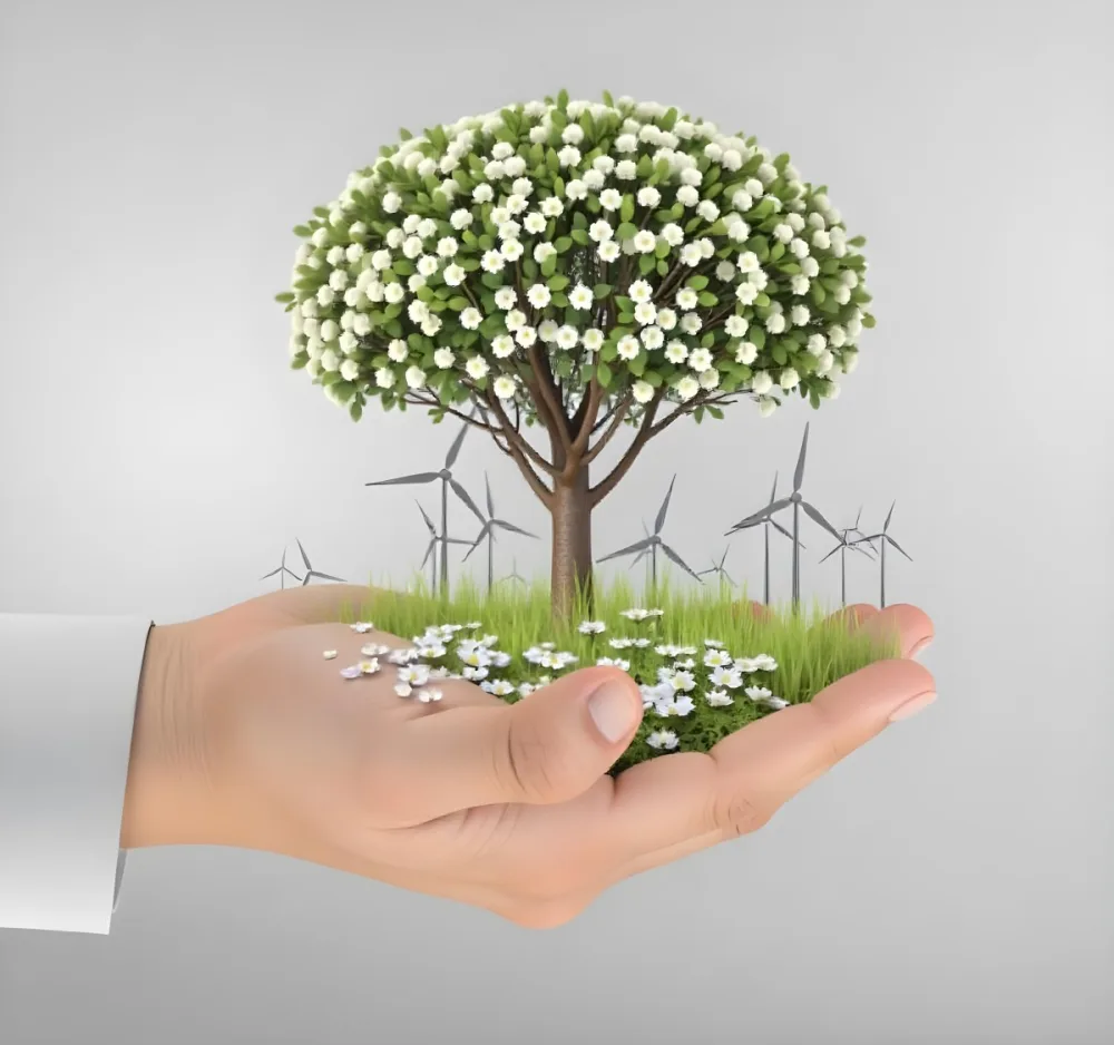 A Hand Holding A Tree With Flowers As Leaves Grass Flowers And Wind Turbines In The Background Concept Of Green Energy 66 8f2a
