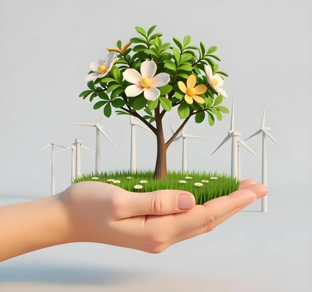 A Hand Holding A Tree With Flowers As Leaves Grass Flowers And Wind Turbines In The Background Concept Of Green Energy 67 82c2